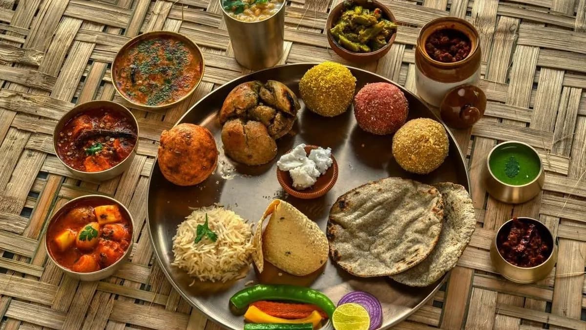 Spread of Rajasthani dishes on a thali