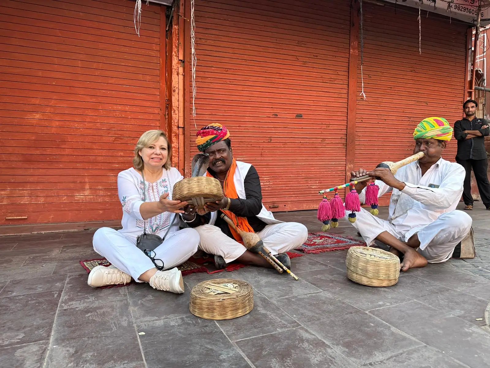 Guest with street musicians in Jaipur's old city