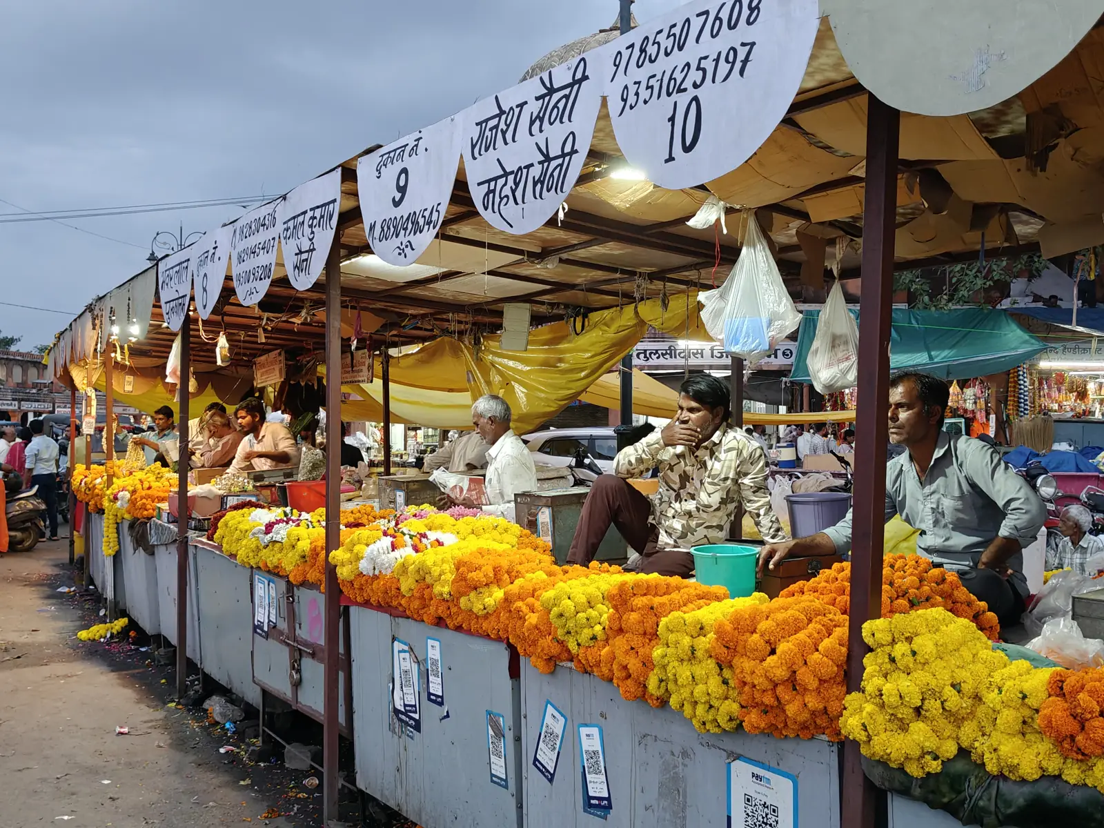 Marigold garland stalls at a Jaipur flower market