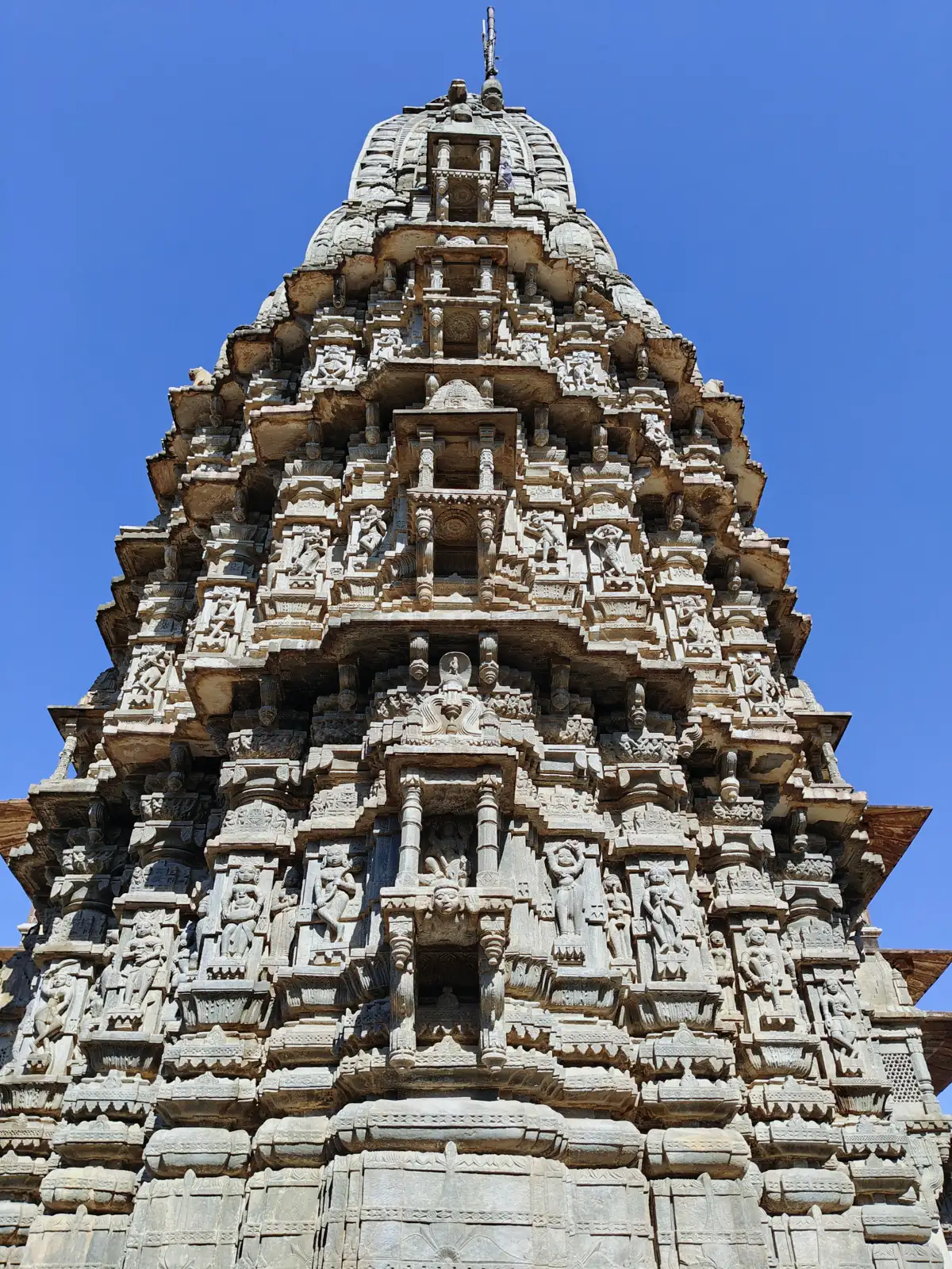 Carved stone spire of the Jagat Shiromani Temple in Amer