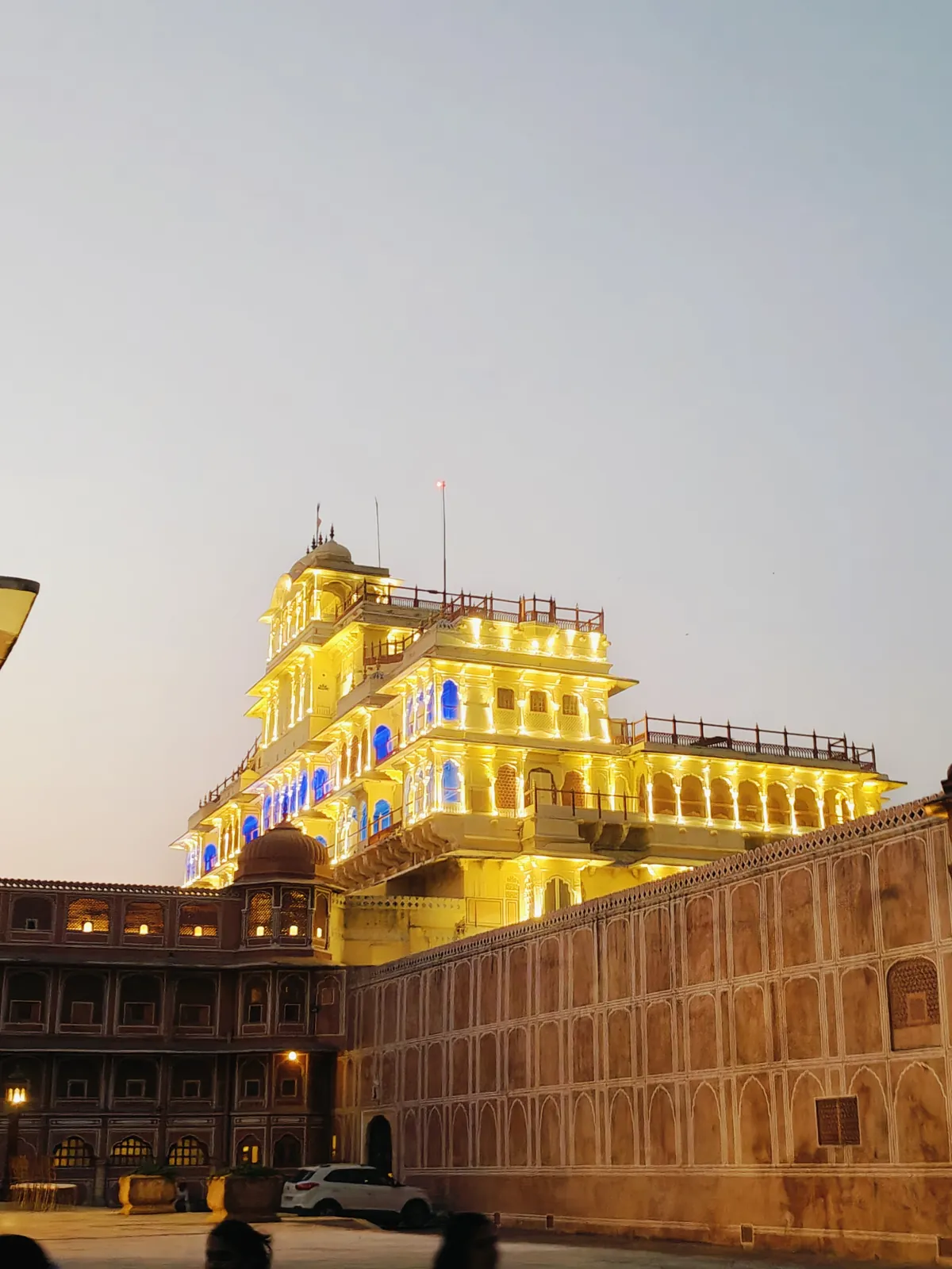 Chandra Mahal at the City Palace lit up in the evening